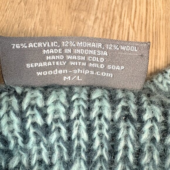 Wooden Ships cable knit pattern sweater size M/L teal blue green wool mohair - Picture 4 of 7